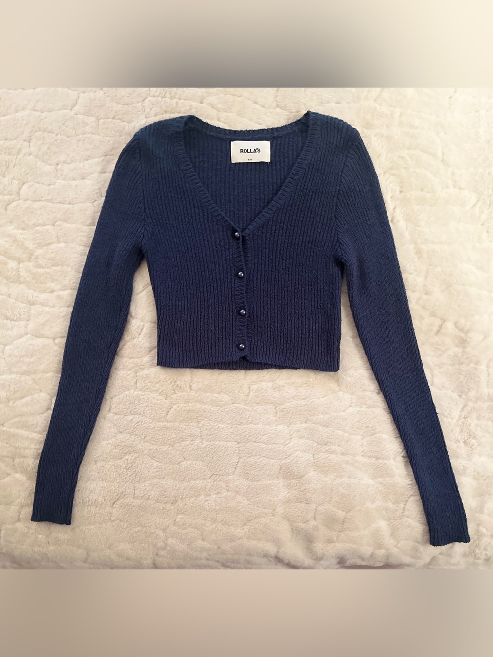 ROLLA'S Navy Blue Crop Rib Boho Cardi
Knit Cardigan  70s inspired size XS